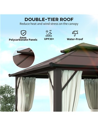 Outsunny 3 x 3(m) Hardtop Gazebo Canopy with UPF30+ Double Polycarbonate Roof, Aluminium Frame Garden Gazebo Permanent Pavilion 