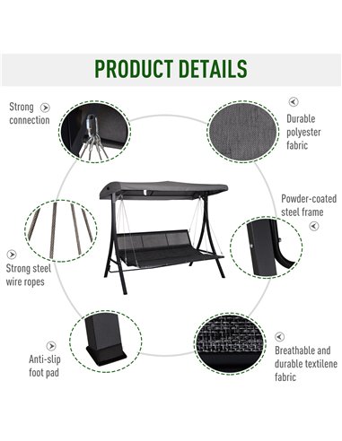 Outsunny Steel Pipe 3-Seater Outdoor Garden Recliner Swing Chair Grey