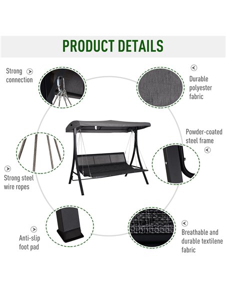 Outsunny Steel Pipe 3-Seater Outdoor Garden Recliner Swing Chair Grey - pic 11964 | FastDaddyshop