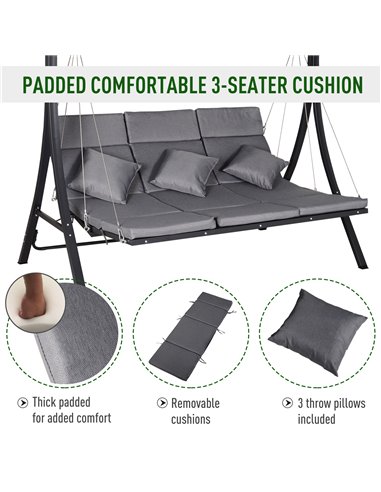 Outsunny Steel Pipe 3-Seater Outdoor Garden Recliner Swing Chair Grey