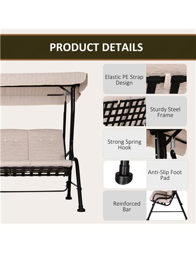 Outsunny 3 Seater Outdoor Garden Swing Chairs Thick Padded Seat Hammock Canopy Porch Patio Bench Bed - Beige