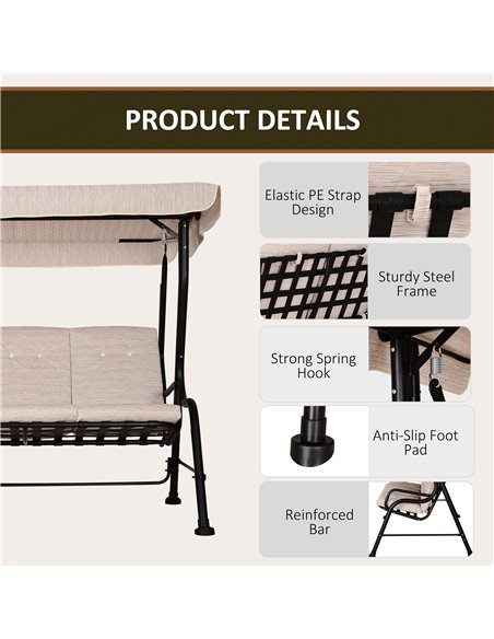 Outsunny 3 Seater Outdoor Garden Swing Chairs Thick Padded Seat Hammock Canopy Porch Patio Bench Bed - Beige - pic 11972 | FastDaddyshop
