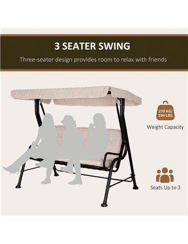 Outsunny 3 Seater Outdoor Garden Swing Chairs Thick Padded Seat Hammock Canopy Porch Patio Bench Bed - Beige