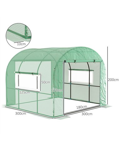 Outsunny 300 x 300cm Walk-In Polytunnel Greenhouse - Green