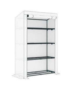 Outsunny 4 Tier Lean-to Mini Greenhouse with Reinforced PE Cover, Portable Small Greenhouse with Roll-Up Door, Grey Hemmed Edgin