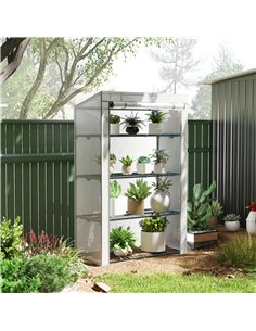 Outsunny 4 Tier Lean-to Mini Greenhouse with Reinforced PE Cover, Portable Small Greenhouse with Roll-Up Door, Grey Hemmed Edgin 2
