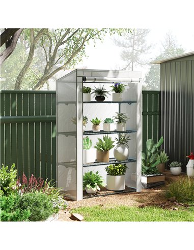 Outsunny 4 Tier Lean-to Mini Greenhouse with Reinforced PE Cover, Portable Small Greenhouse with Roll-Up Door, Grey Hemmed Edgin
