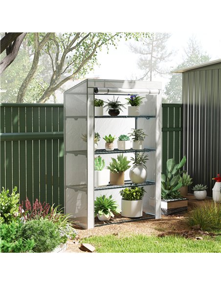 Outsunny 4 Tier Lean-to Mini Greenhouse with Reinforced PE Cover, Portable Small Greenhouse with Roll-Up Door, Grey Hemmed Edgin - pic 119920 | FastDaddyshop