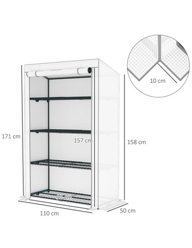 Outsunny 4 Tier Lean-to Mini Greenhouse with Reinforced PE Cover, Portable Small Greenhouse with Roll-Up Door, Grey Hemmed Edgin