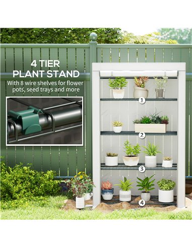 Outsunny 4 Tier Lean-to Mini Greenhouse with Reinforced PE Cover, Portable Small Greenhouse with Roll-Up Door, Grey Hemmed Edgin