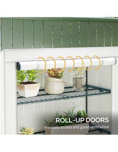 Outsunny 4 Tier Lean-to Mini Greenhouse with Reinforced PE Cover, Portable Small Greenhouse with Roll-Up Door, Grey Hemmed Edgin