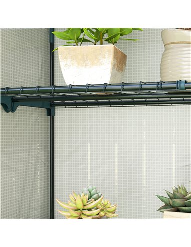 Outsunny 4 Tier Lean-to Mini Greenhouse with Reinforced PE Cover, Portable Small Greenhouse with Roll-Up Door, Grey Hemmed Edgin