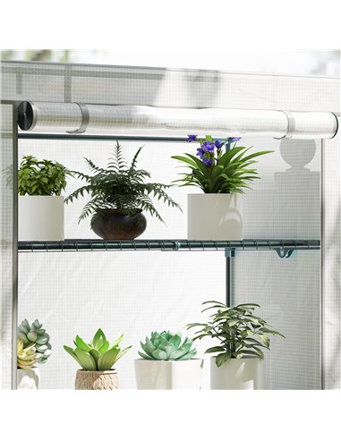 Outsunny 4 Tier Lean-to Mini Greenhouse with Reinforced PE Cover, Portable Small Greenhouse with Roll-Up Door, Grey Hemmed Edgin