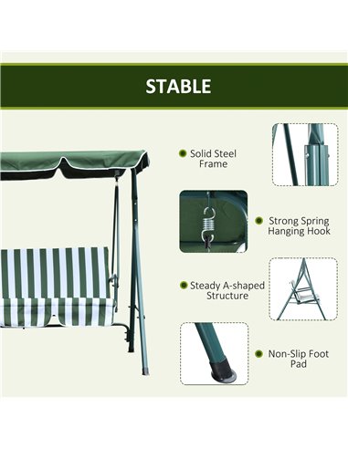 Outsunny Steel 3-Seater Swing Chair w/ Adjustable Canopy Green