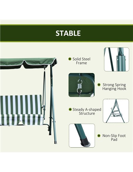 Outsunny Steel 3-Seater Swing Chair w/ Adjustable Canopy Green - pic 11994 | FastDaddyshop