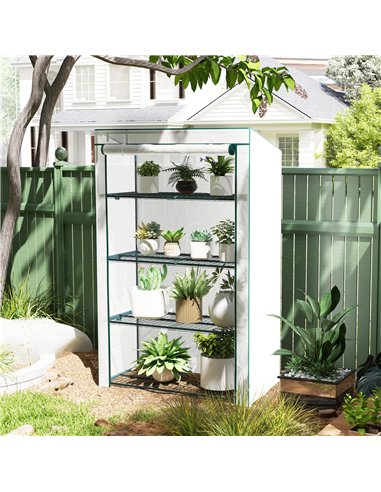 Outsunny 4 Tier Lean-to Mini Greenhouse with Reinforced PE Cover, Portable Small Greenhouse with Roll-Up Door, Green Hemmed Edgi