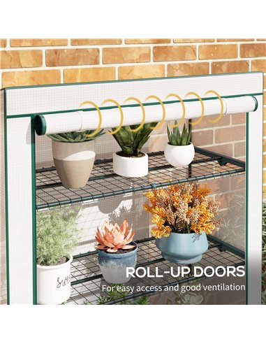 Outsunny 4 Tier Lean-to Mini Greenhouse with Reinforced PE Cover, Portable Small Greenhouse with Roll-Up Door, Green Hemmed Edgi
