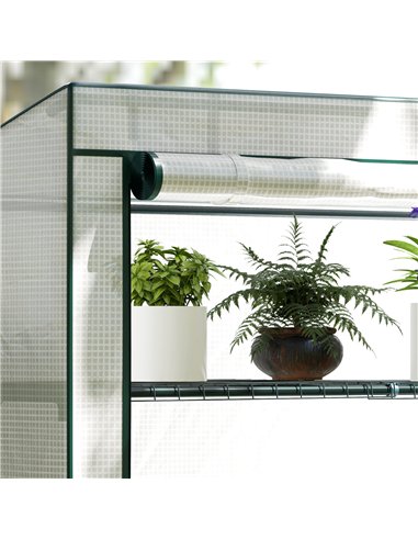 Outsunny 4 Tier Lean-to Mini Greenhouse with Reinforced PE Cover, Portable Small Greenhouse with Roll-Up Door, Green Hemmed Edgi