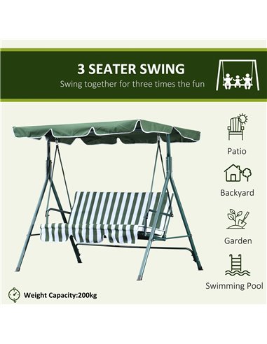 Outsunny Steel 3-Seater Swing Chair w/ Adjustable Canopy Green