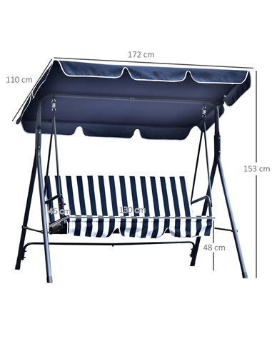 Outsunny 3 Seater Canopy Swing Chair Heavy Duty Outdoor Garden Bench with Sun Cover Metal Frame - Blue
