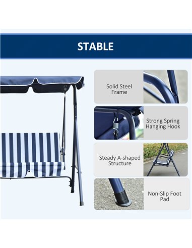 Outsunny 3 Seater Canopy Swing Chair Heavy Duty Outdoor Garden Bench with Sun Cover Metal Frame - Blue