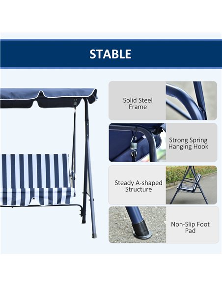Outsunny 3 Seater Canopy Swing Chair Heavy Duty Outdoor Garden Bench with Sun Cover Metal Frame - Blue - pic 12002 | FastDaddyshop