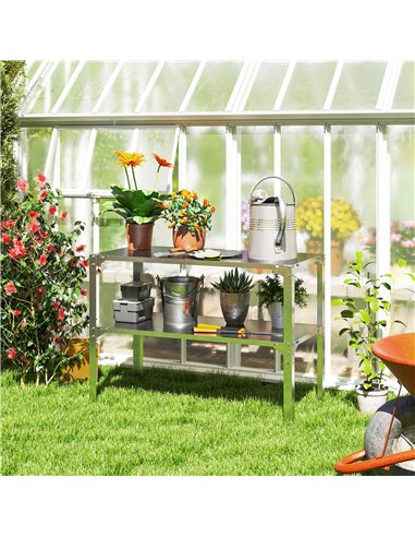Outsunny 2 Tier Potting Bench Table, Galvanised Steel Garden Planting Work Bench Workstation with Storage Shelf for Outdoor, Pat
