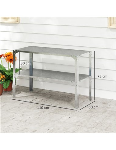 Outsunny 2 Tier Potting Bench Table, Galvanised Steel Garden Planting Work Bench Workstation with Storage Shelf for Outdoor, Pat