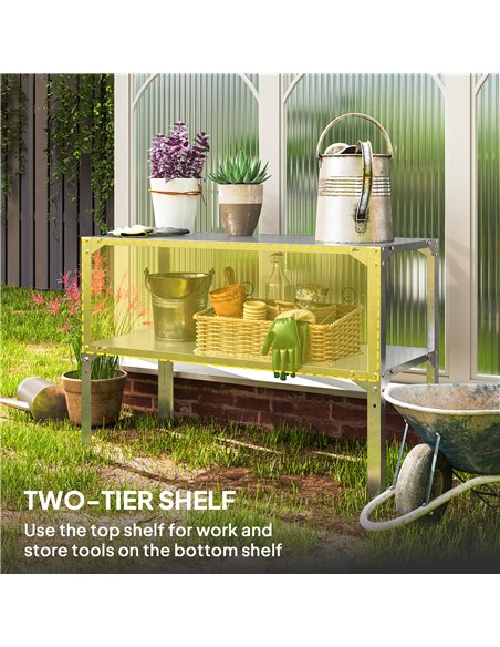 Outsunny 2 Tier Potting Bench Table, Galvanised Steel Garden Planting Work Bench Workstation with Storage Shelf for Outdoor, Pat - pic 120039 | FastDaddyshop