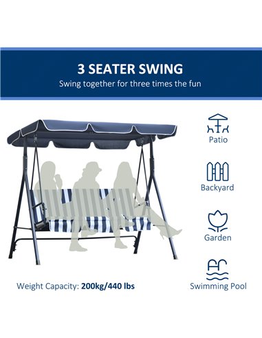 Outsunny 3 Seater Canopy Swing Chair Heavy Duty Outdoor Garden Bench with Sun Cover Metal Frame - Blue