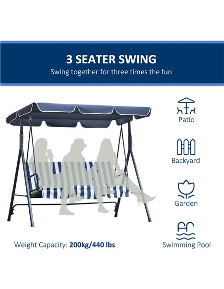 Outsunny 3 Seater Canopy Swing Chair Heavy Duty Outdoor Garden Bench with Sun Cover Metal Frame - Blue - pic 12004 | FastDaddyshop