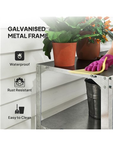 Outsunny 2 Tier Potting Bench Table, Galvanised Steel Garden Planting Work Bench Workstation with Storage Shelf for Outdoor, Pat