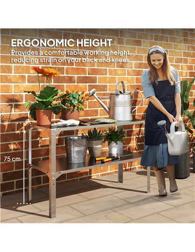 Outsunny 2 Tier Potting Bench Table, Galvanised Steel Garden Planting Work Bench Workstation with Storage Shelf for Outdoor, Pat