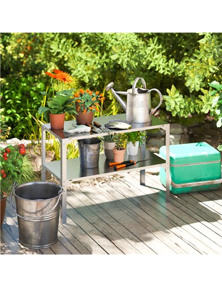 Outsunny 2 Tier Potting Bench Table, Galvanised Steel Garden Planting Work Bench Workstation with Storage Shelf for Outdoor, Pat - pic 120044 | FastDaddyshop