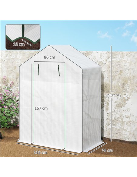 Outsunny 143 x 74cm Walk-In Greenhouse, with Shelves - White - pic 120074 | FastDaddyshop