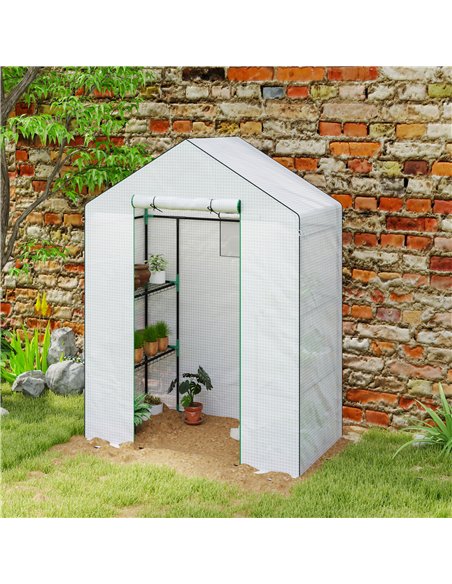 Outsunny 143 x 74cm Walk-In Greenhouse, with Shelves - White - pic 120079 | FastDaddyshop
