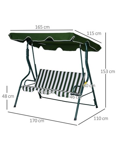 Outsunny Steel 3-Seater Swing Chair w/ Canopy Green