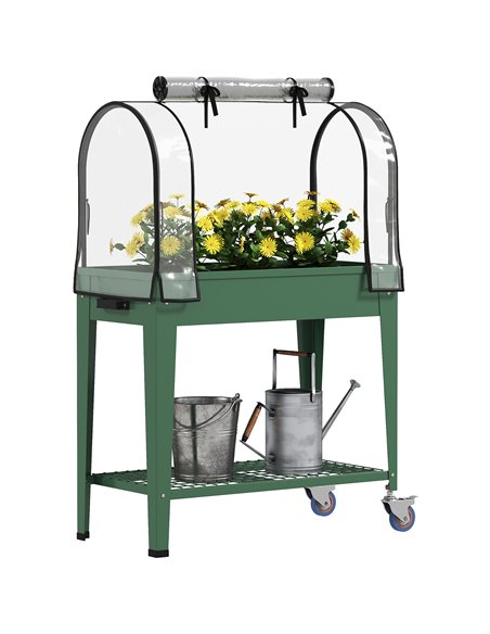Outsunny Raised Planter with Greenhouse Cover, Mobile Elevated Garden Bed with Wheels and Bottom Shelf for Vegetables, Green - pic 120081 | FastDaddyshop