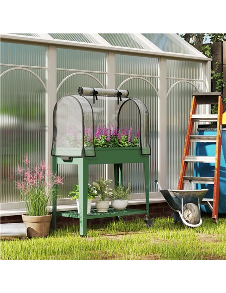 Outsunny Raised Planter with Greenhouse Cover, Mobile Elevated Garden Bed with Wheels and Bottom Shelf for Vegetables, Green - pic 120082 | FastDaddyshop