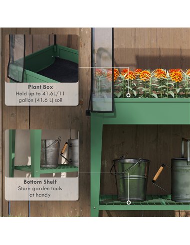 Outsunny Raised Planter with Greenhouse Cover, Mobile Elevated Garden Bed with Wheels and Bottom Shelf for Vegetables, Green