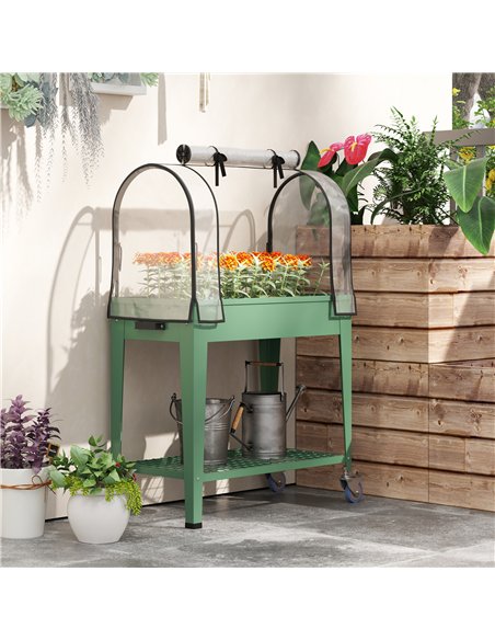 Outsunny Raised Planter with Greenhouse Cover, Mobile Elevated Garden Bed with Wheels and Bottom Shelf for Vegetables, Green - pic 120088 | FastDaddyshop