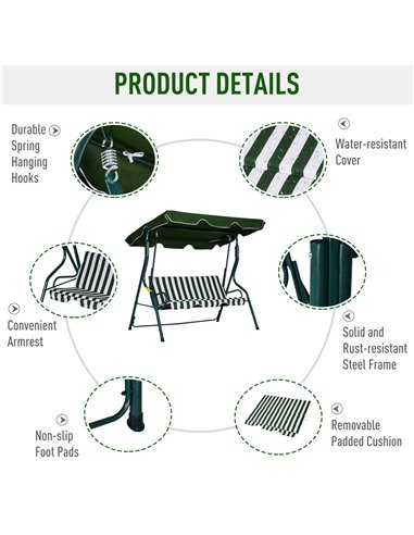Outsunny Steel 3-Seater Swing Chair w/ Canopy Green