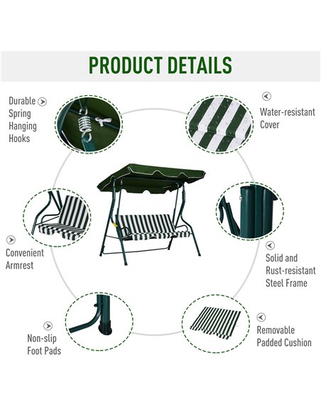 Outsunny Steel 3-Seater Swing Chair w/ Canopy Green - pic 12011 | FastDaddyshop