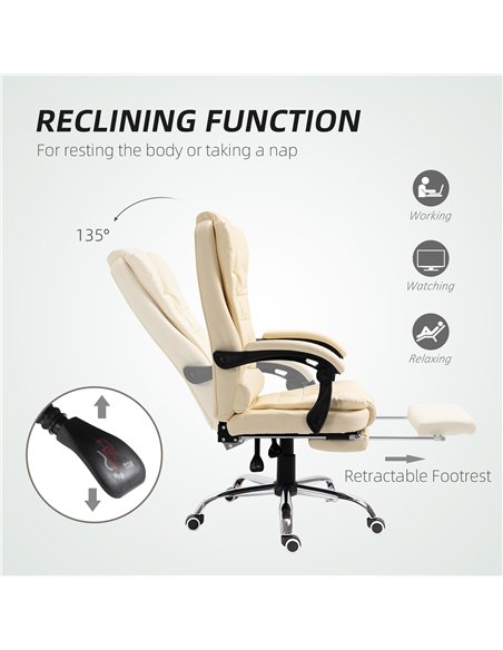 HOMCOM Executive Office Chair, Home Office Chair with Swivel Wheels, Reclining Backrest, Retractable Footrest, Cream White - pic 120131 | FastDaddyshop