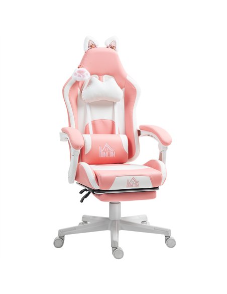 HOMCOM Cat Ear and Paw Reclining Office Chair, with Footrest - Pink/White - pic 120153 | FastDaddyshop