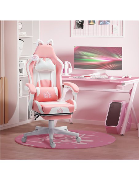 HOMCOM Cat Ear and Paw Reclining Office Chair, with Footrest - Pink/White - pic 120154 | FastDaddyshop
