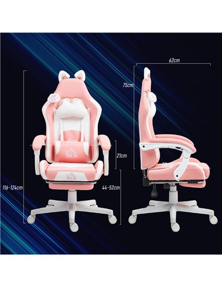 HOMCOM Cat Ear and Paw Reclining Office Chair, with Footrest - Pink/White - pic 120155 | FastDaddyshop