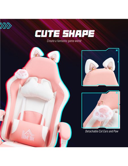 HOMCOM Cat Ear and Paw Reclining Office Chair, with Footrest - Pink/White - pic 120156 | FastDaddyshop