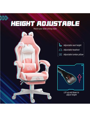 HOMCOM Cat Ear and Paw Reclining Office Chair, with Footrest - Pink/White