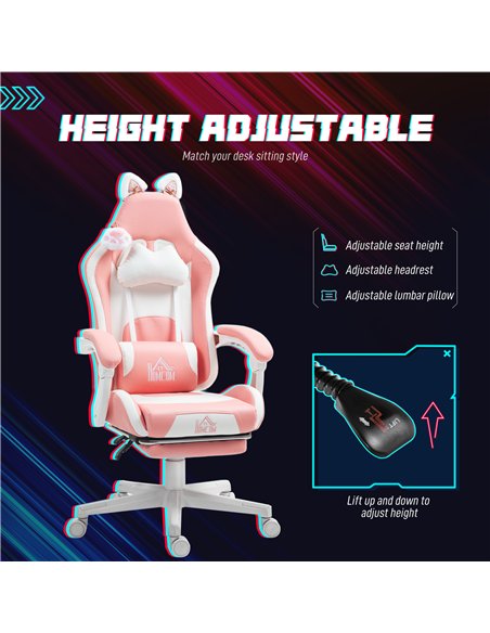 HOMCOM Cat Ear and Paw Reclining Office Chair, with Footrest - Pink/White - pic 120157 | FastDaddyshop